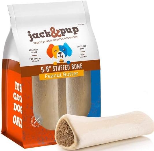 Jack&Pup Filled Dog Bones for Aggressive Chewers, 5" to 6" Filled Dog Bones (3 Pack) -Stuffed Bones Peanut Butter Flavor